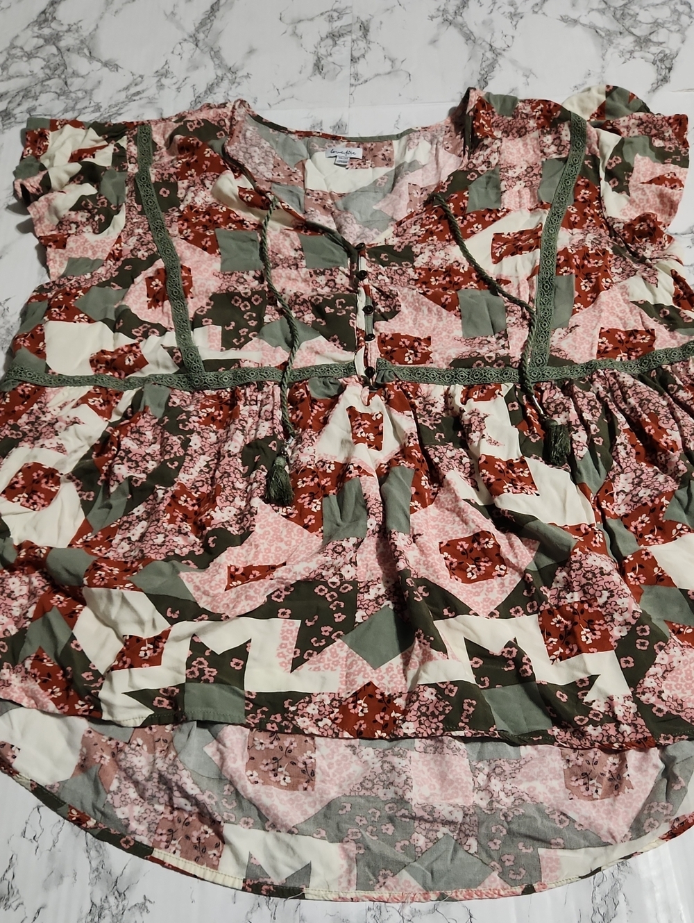 💘 Love Fire Women’s Floral Patchwork Peasant Top - Pink, Olive & Rust